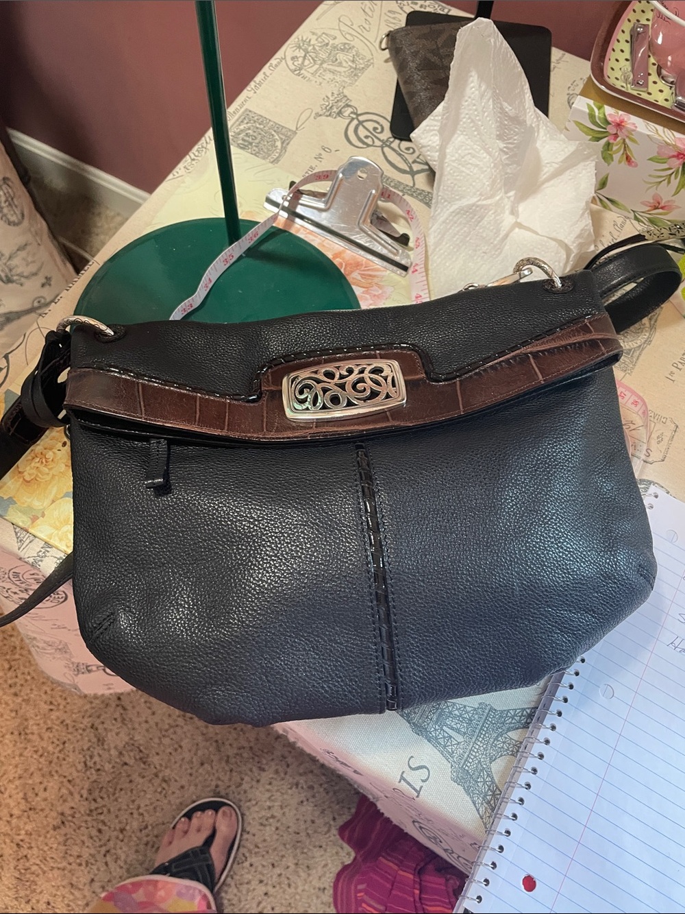 Brighton   Black and Brown Leather Crossbody Bag with Decorative Silver Accent